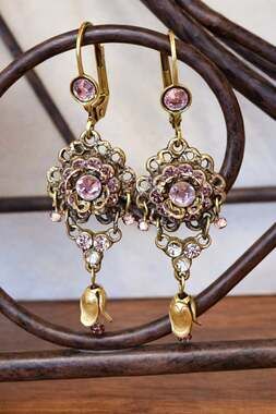 Michal Negrin Vintage Victorian Style Pink Crystal Filigree Dangle Earrings